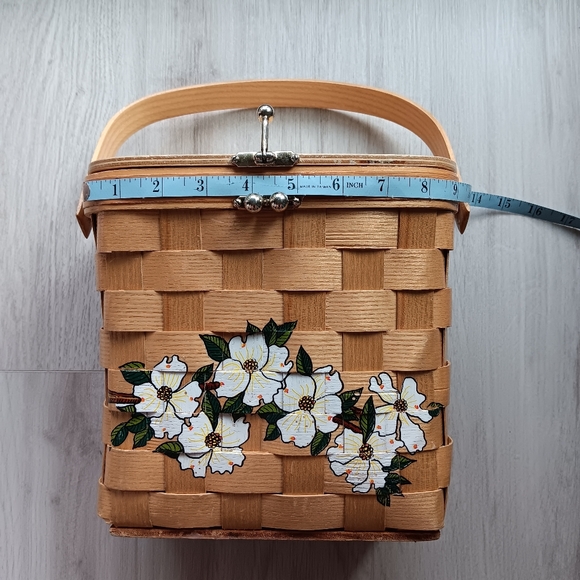 Vintage Signed Caro-Nan Floral Woven Wooden Wicker Basket Bucket Purse White Tan - Picture 15 of 16